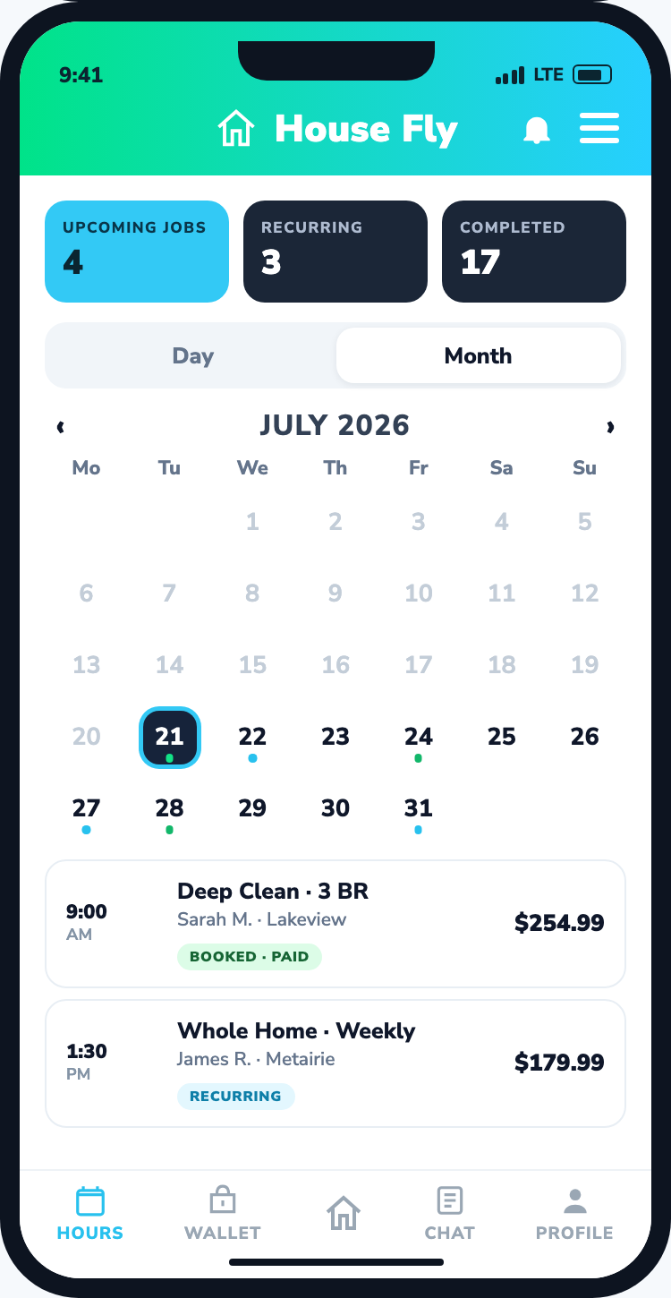 App House Fly Pro: calendario recurrente, recordatorios automáticos y estado del trabajo en vivo de reservado a terminado