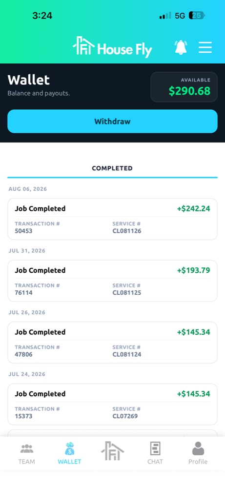 App House Fly Pro: saldo de la billetera, retiros a tu banco y pagos de trabajos completados