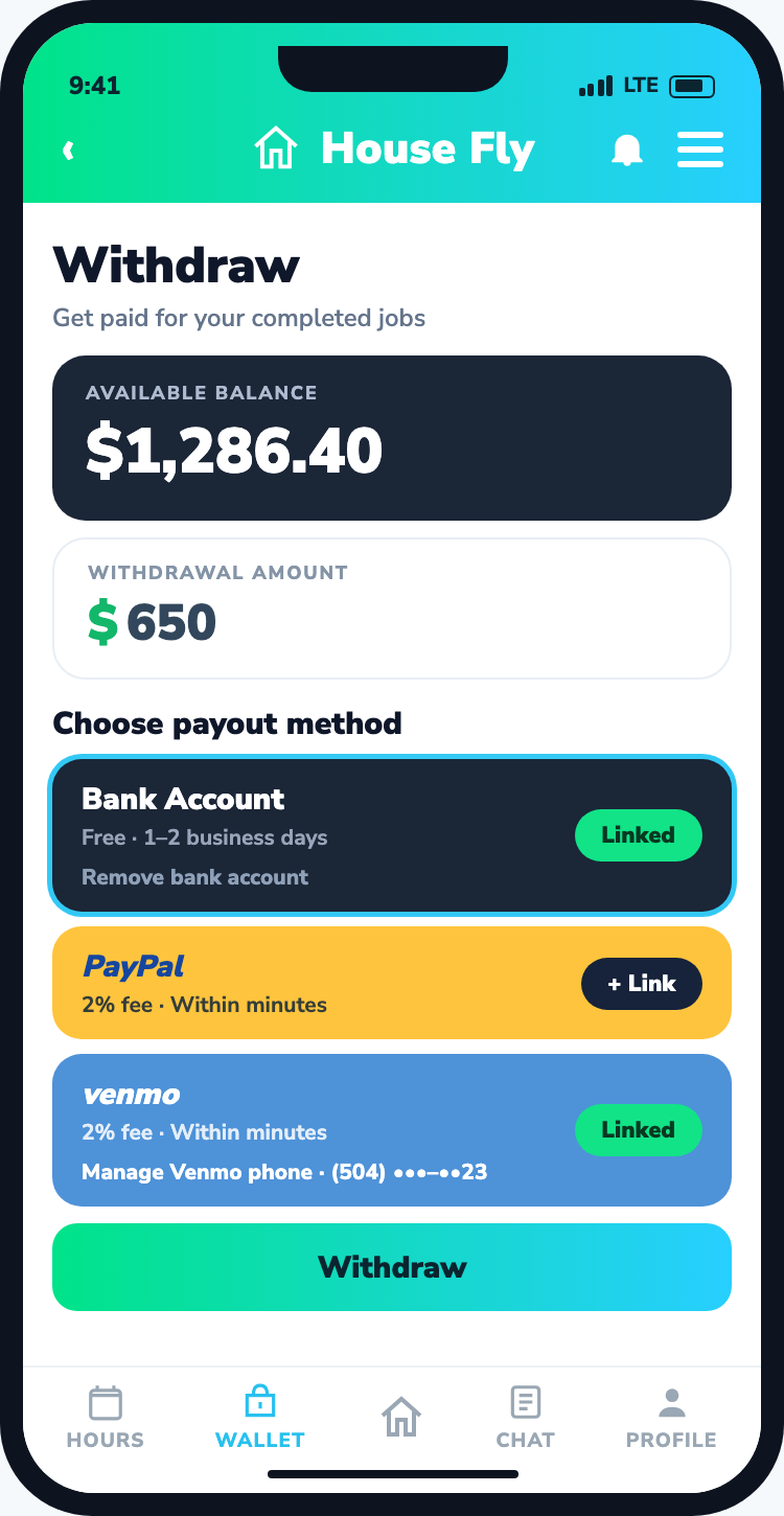 App House Fly Pro: saldo de billetera, retiros al instante a tu banco o Venmo, evidencia del trabajo y solicitud de reseña