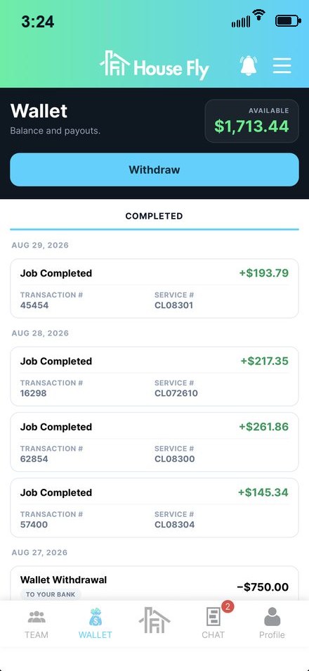 App House Fly Pro: saldo de la billetera, retiros a tu banco y pagos de trabajos completados