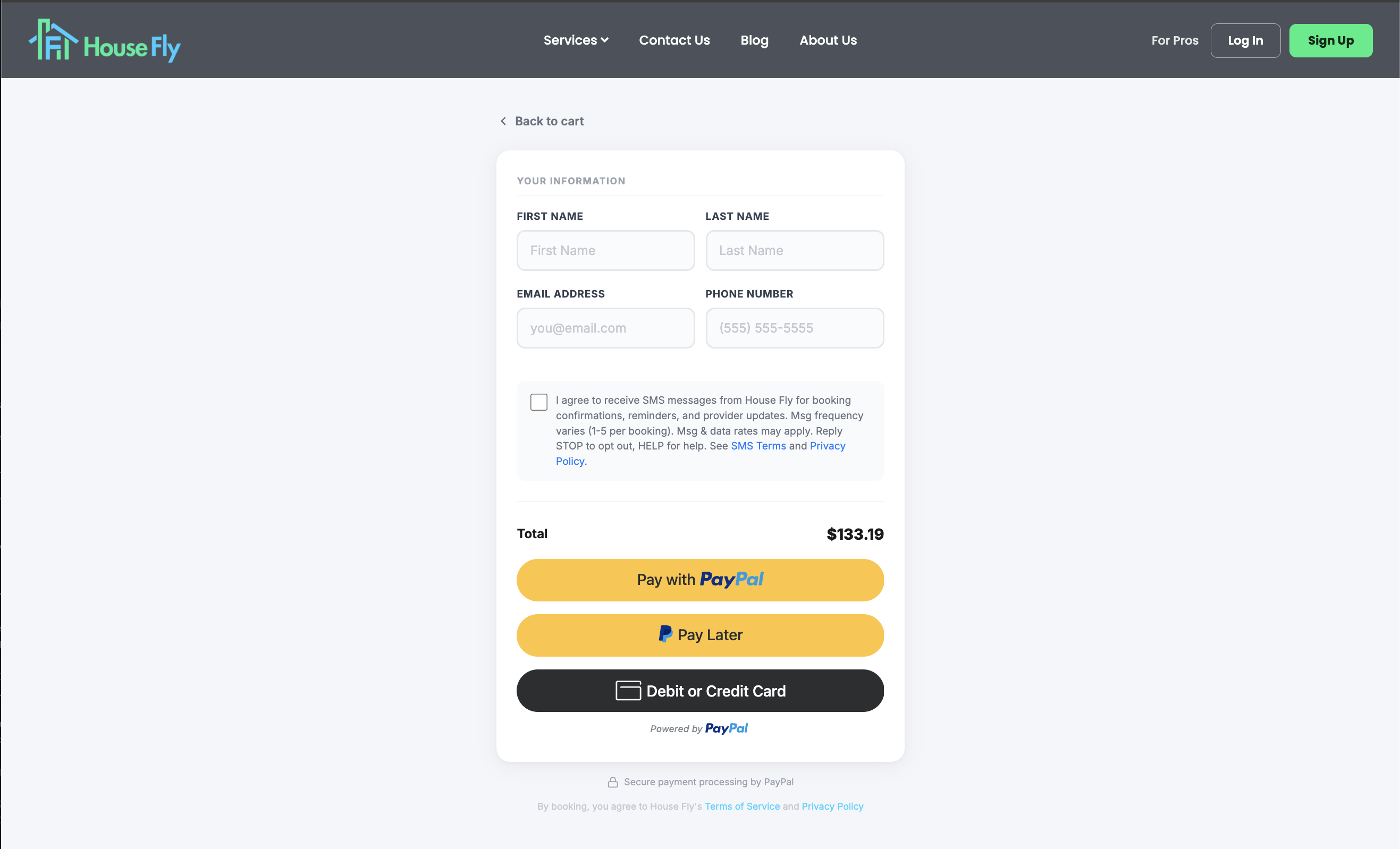 Live House Fly PayPal guest checkout with the unchecked SMS consent checkbox and full disclosure visible