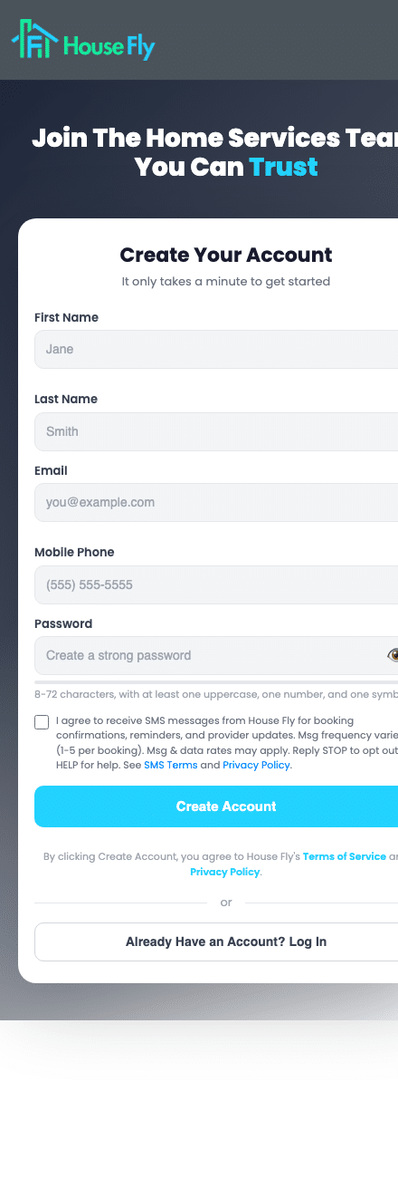 Live House Fly account signup form with the unchecked SMS consent checkbox and full disclosure visible