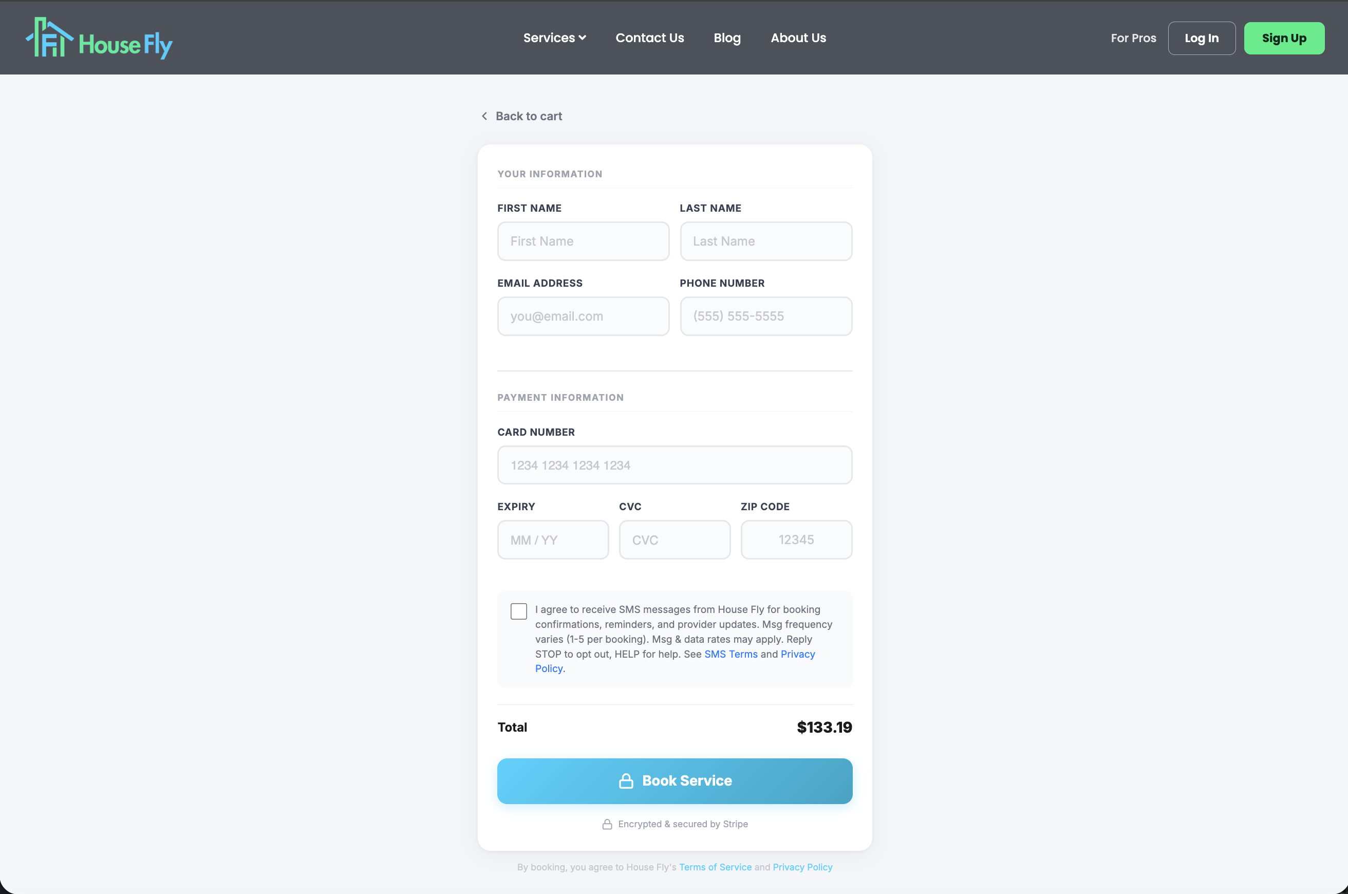 Live House Fly Stripe guest checkout with the unchecked SMS consent checkbox and full disclosure visible
