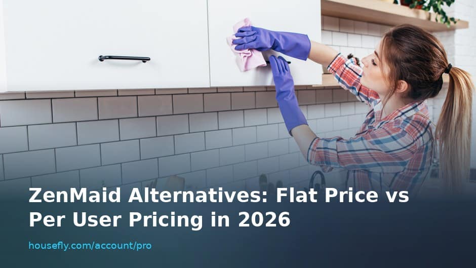 Cleaner wiping kitchen cabinets with the title ZenMaid Alternatives: Flat Price vs Per User Pricing