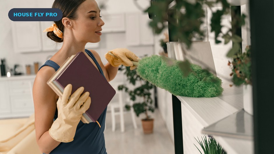 Solo cleaner dusting shelves in a client home
