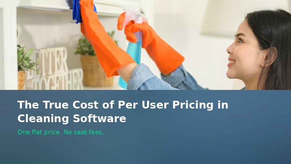 Cleaner dusting a high shelf above the title The True Cost of Per User Pricing in Cleaning Software