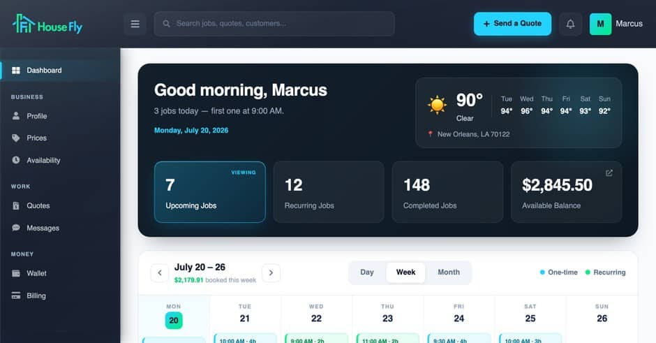 Panel web de House Fly Pro que muestra los trabajos del día, el calendario semanal, los trabajos terminados y el saldo disponible