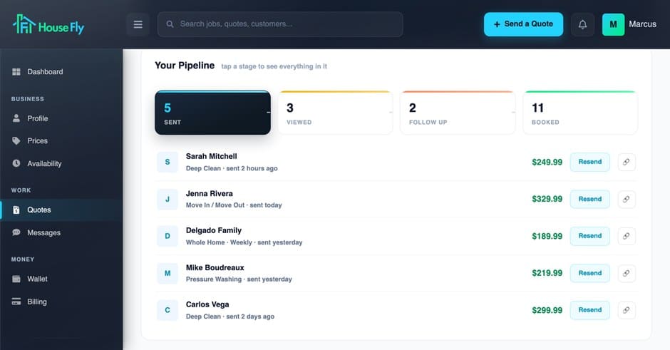House Fly Pro pipeline view tracking estimates from sent to viewed to booked