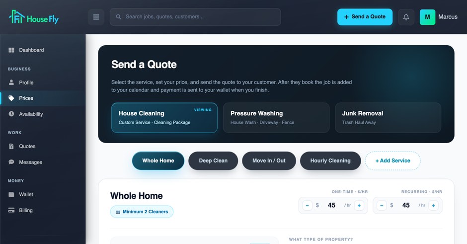 House Fly Pro pricing screen where a cleaning business sets hourly rates and service details